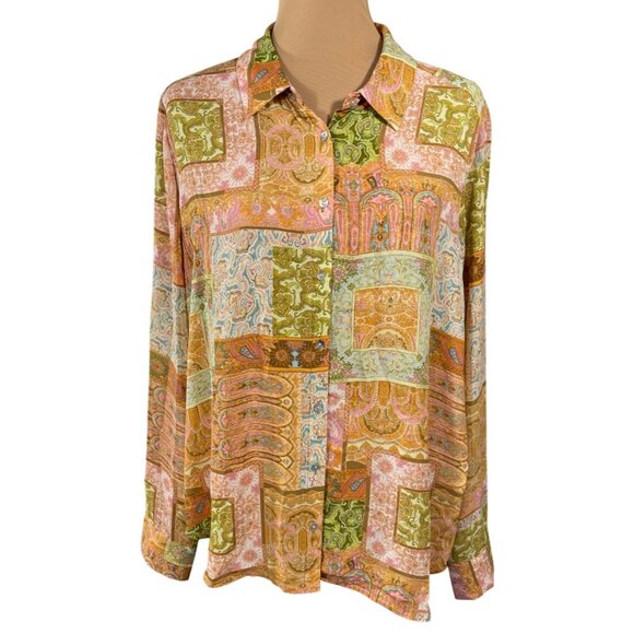 Rose & Olive Button Front Blouse Top Patchwork Size XL Long Sleeve Collar - Picture 1 of 8